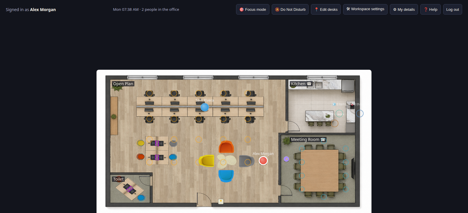 Office floorplan showing desks, a kitchen, a meeting room, and colleague avatars