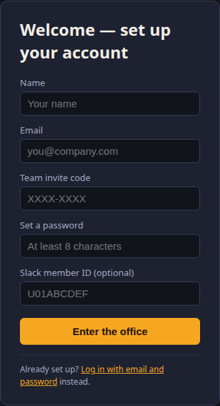Sign-up form with name, email, team invite code, password, and optional Slack member ID fields