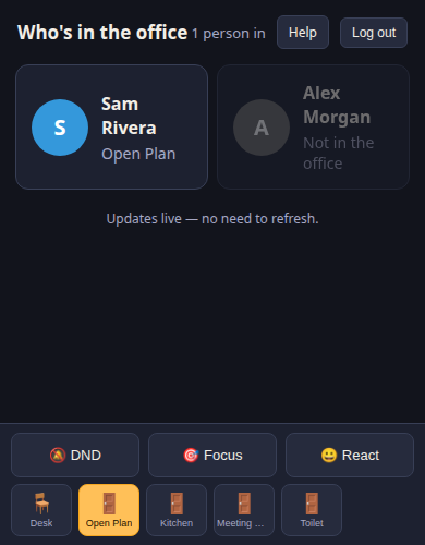 Mobile bottom action bar with DND, Focus, React buttons and one-tap move-to icons for desk and each room