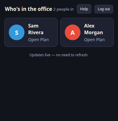 Mobile card list showing who's online, their location, and status