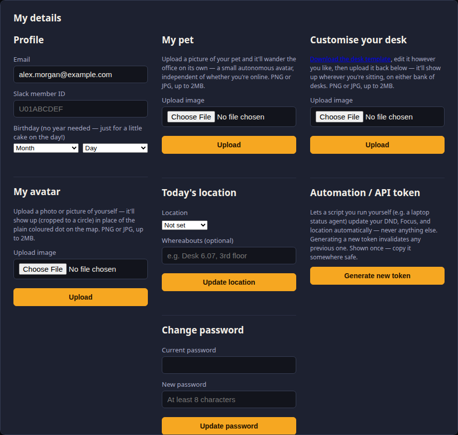 My details panel with profile, avatar, pet, desk customisation, location, password, and API token sections